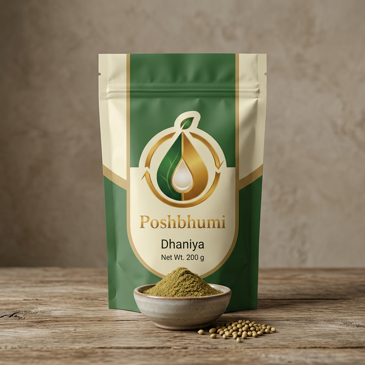 PoshBhumi Dhaniya 200 g pouch with a bowl of coriander powder and coriander seeds (illustrative image)