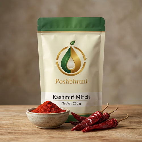 PoshBhumi Kashmiri Mirch 200 g pouch with a bowl of red chilli powder and dried Kashmiri chillies (illustrative image)