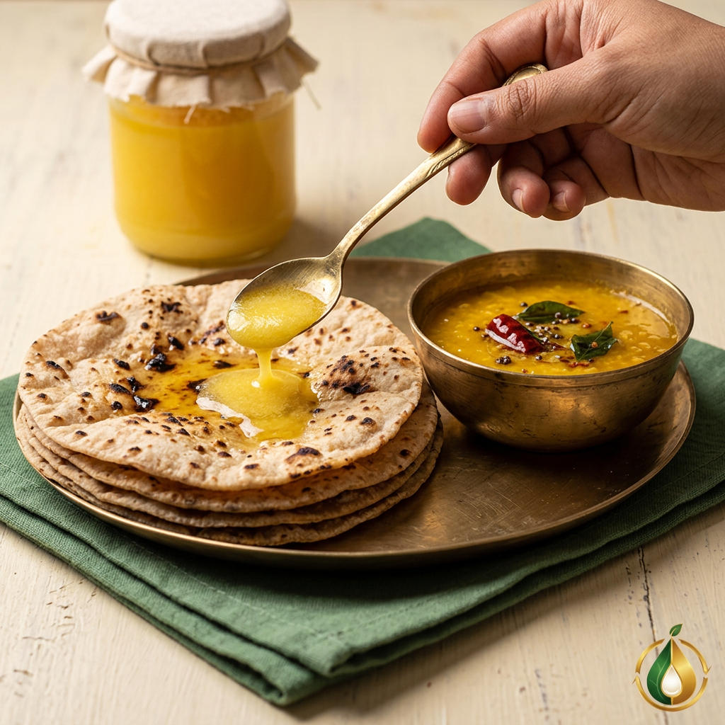 A2 cow ghee on hot rotis with dal tadka (illustrative image)