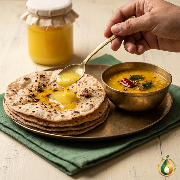 A2 cow ghee on hot rotis with dal tadka (illustrative image)