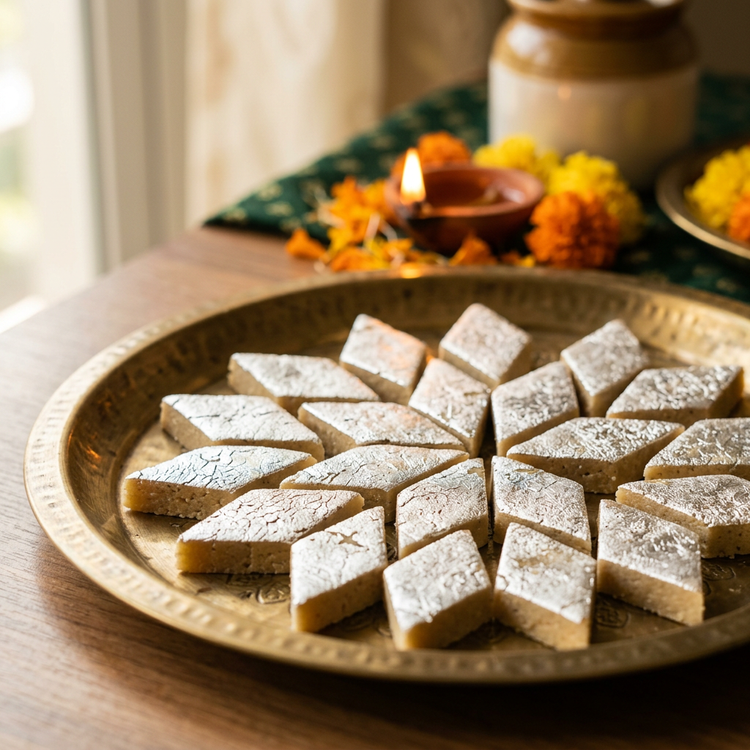Close-up of kaju katli pieces on a brass thali with a diya (illustrative image)
