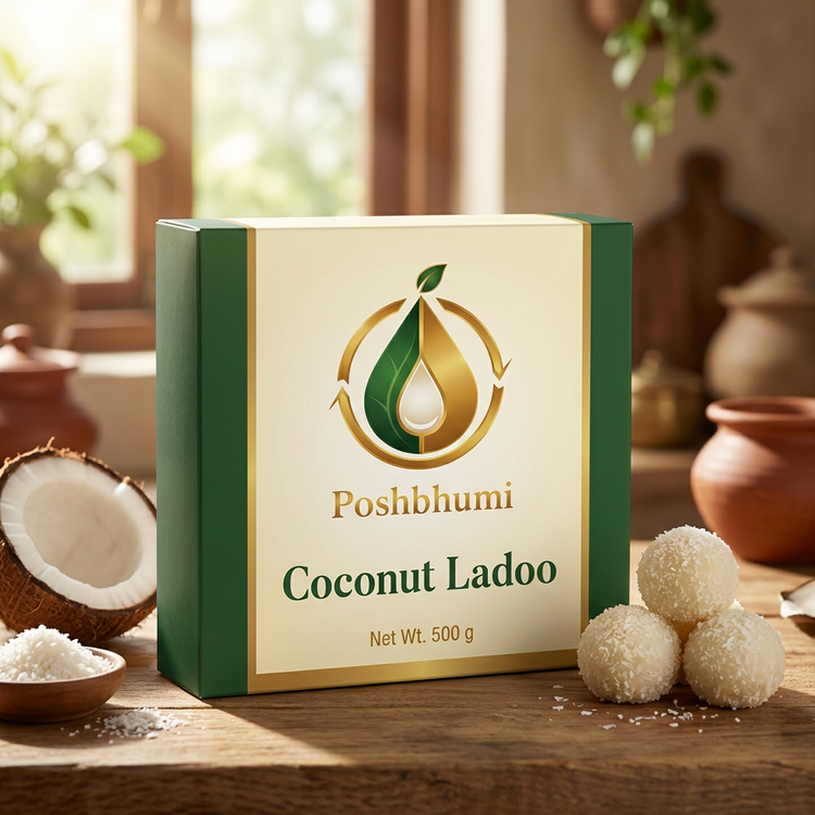 PoshBhumi Coconut Ladoo 500 g box with coconut ladoos (illustrative image)