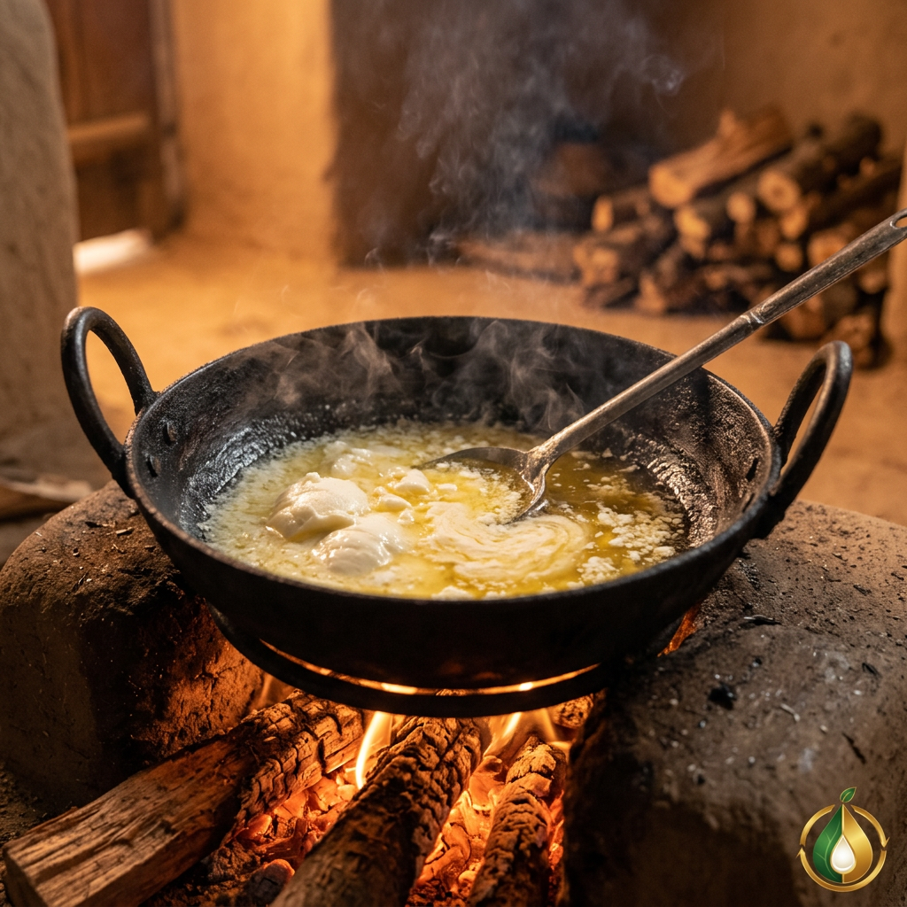Makkhan being cooked into ghee over a wood fire (illustrative image)