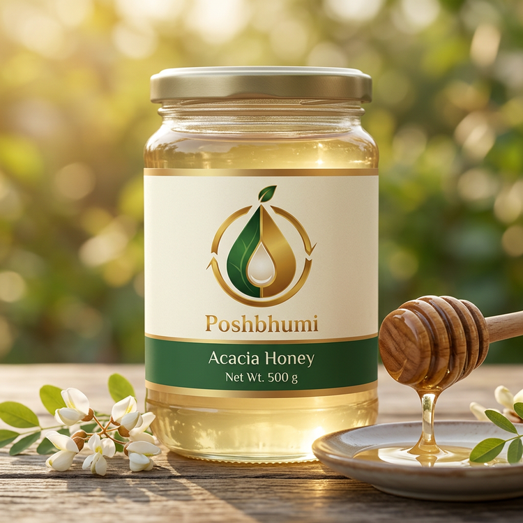 PoshBhumi Acacia Honey 500 g glass jar with a wooden honey dipper and white blossoms (illustrative image)