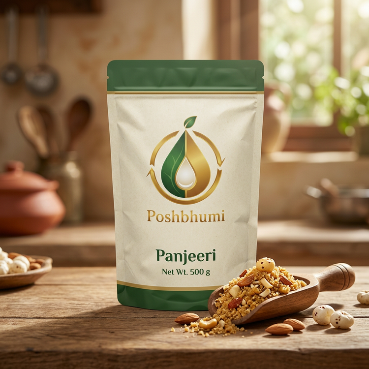 PoshBhumi Panjeeri 500 g pouch with panjeeri in a wooden scoop (illustrative image)