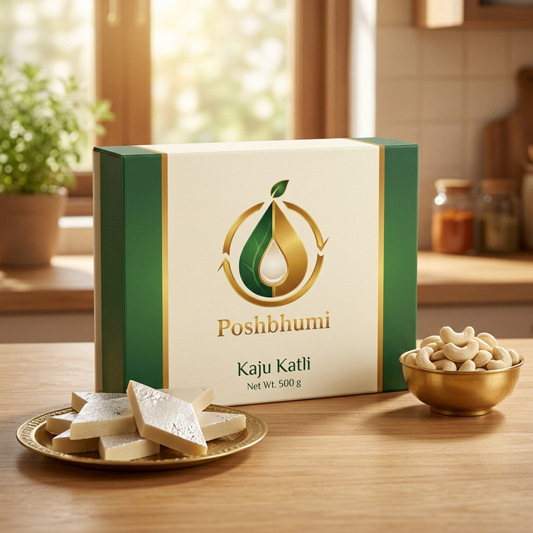 PoshBhumi Kaju Katli 500 g box with kaju katli pieces (illustrative image)