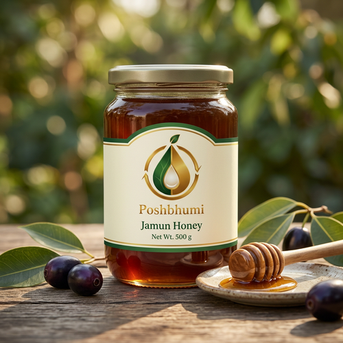 PoshBhumi Jamun Honey 500 g glass jar with a wooden honey dipper and jamun fruits (illustrative image)