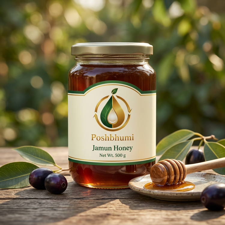 PoshBhumi Jamun Honey 500 g glass jar with a wooden honey dipper and jamun fruits (illustrative image)