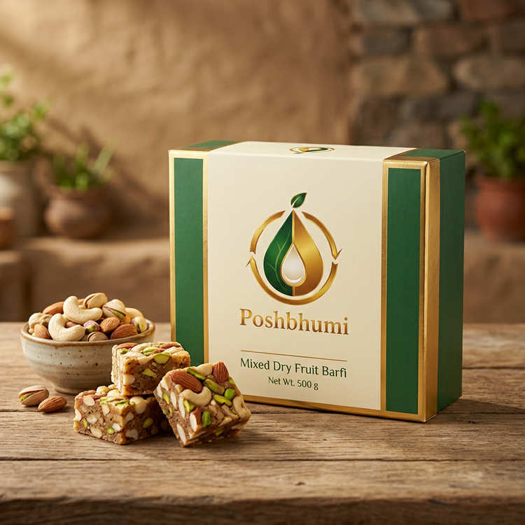 PoshBhumi Mixed Dry Fruit Barfi 500 g box with barfi pieces (illustrative image)