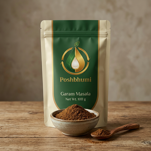 PoshBhumi Garam Masala 100 g pouch with a bowl of garam masala powder (illustrative image)