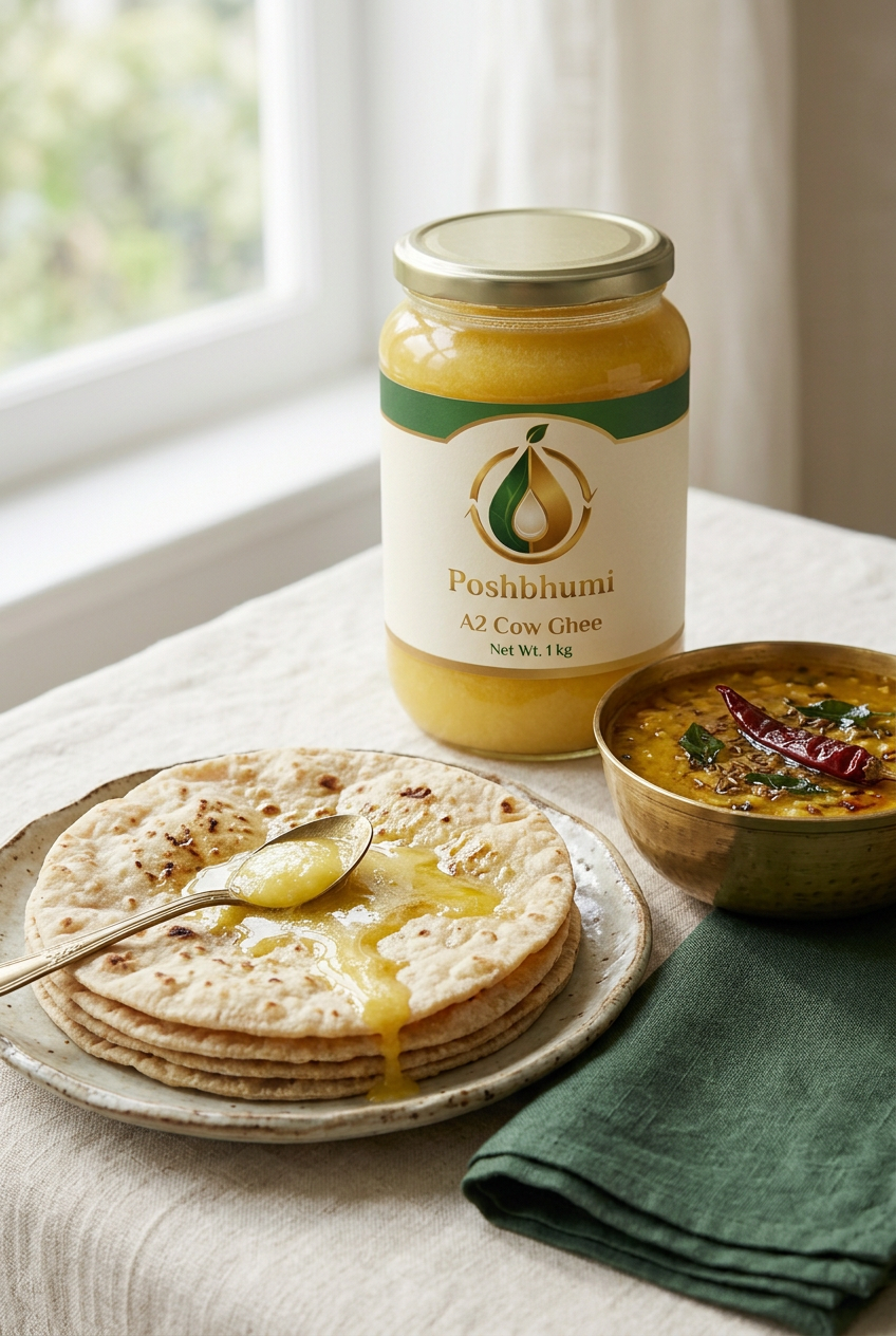 PoshBhumi A2 Cow Ghee with hot rotis and dal tadka (illustrative image)