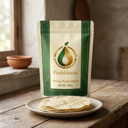 PoshBhumi Moong Masala Papad 200 g pouch with uncooked papads on a plate (illustrative image)