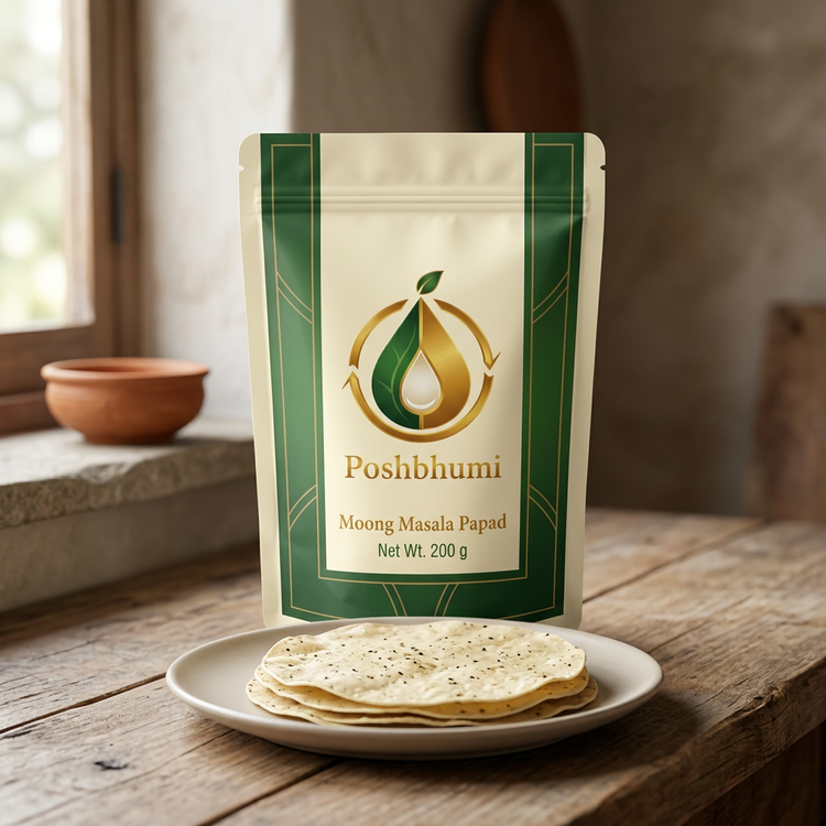 PoshBhumi Moong Masala Papad 200 g pouch with uncooked papads on a plate (illustrative image)