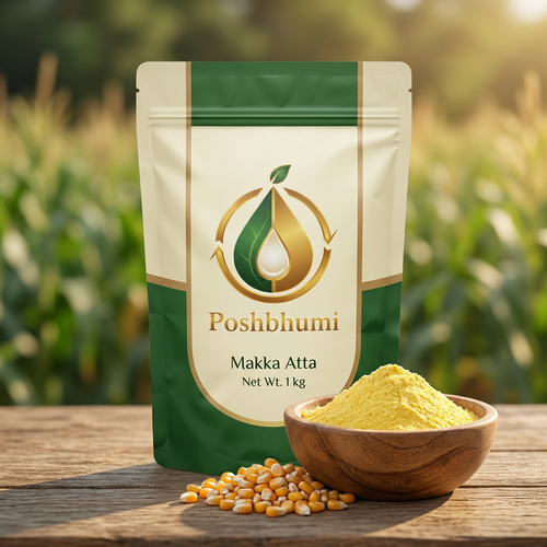 PoshBhumi Makka Atta 1 kg pouch with a bowl of maize flour and corn kernels (illustrative image)