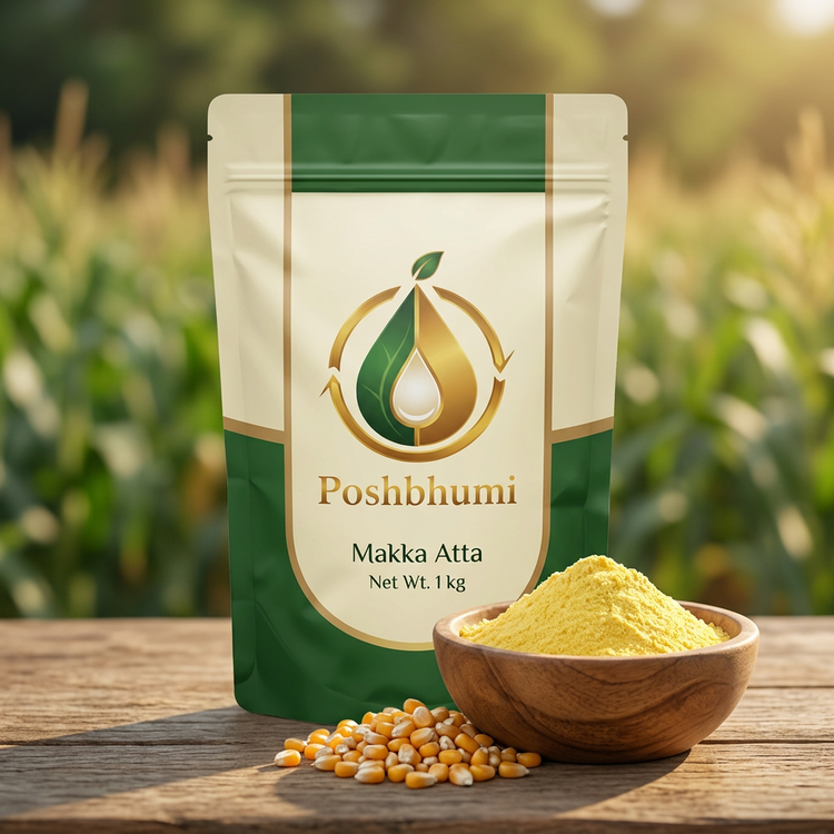 PoshBhumi Makka Atta 1 kg pouch with a bowl of maize flour and corn kernels (illustrative image)