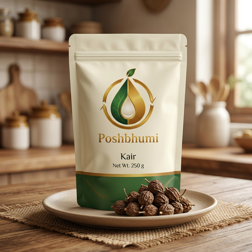 PoshBhumi Kair 250 g pouch with dried kair berries on a plate (illustrative image)