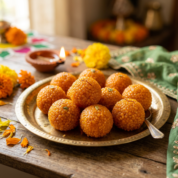 Close-up of motichoor ladoos on a brass thali with a diya (illustrative image)