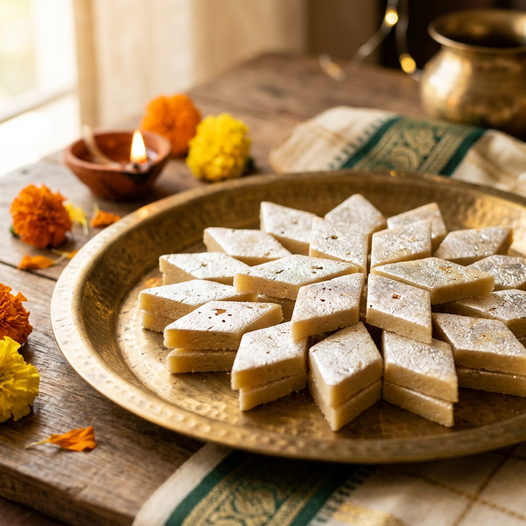 Close-up of badam katli pieces on a brass thali with a diya (illustrative image)