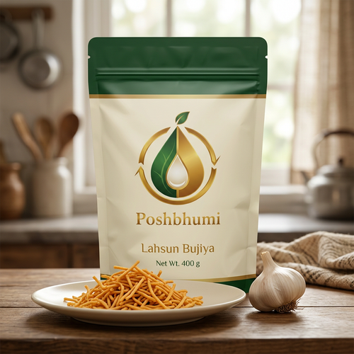 PoshBhumi Lahsun Bujiya 400 g pouch with garlic bujiya on a plate and a garlic bulb (illustrative image)