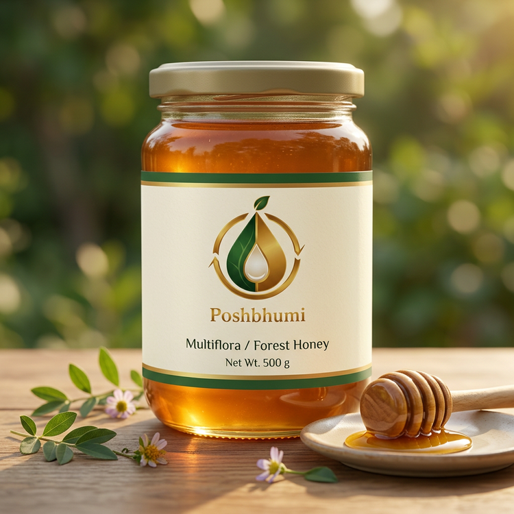 PoshBhumi Multiflora / Forest Honey 500 g glass jar with a wooden honey dipper and small wildflowers (illustrative image)