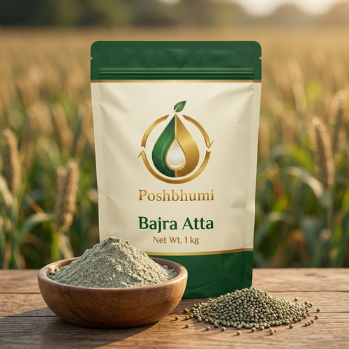 PoshBhumi Bajra Atta 1 kg pouch with a bowl of bajra flour and pearl millet grains (illustrative image)