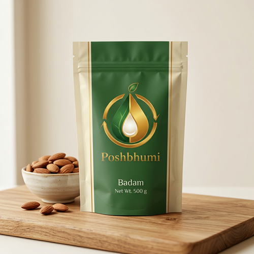 PoshBhumi Badam 500 g resealable pouch with a bowl of almonds (illustrative image)