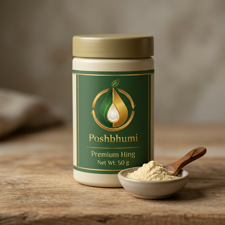 PoshBhumi Premium Hing 50 g jar with a small bowl of hing powder (illustrative image)