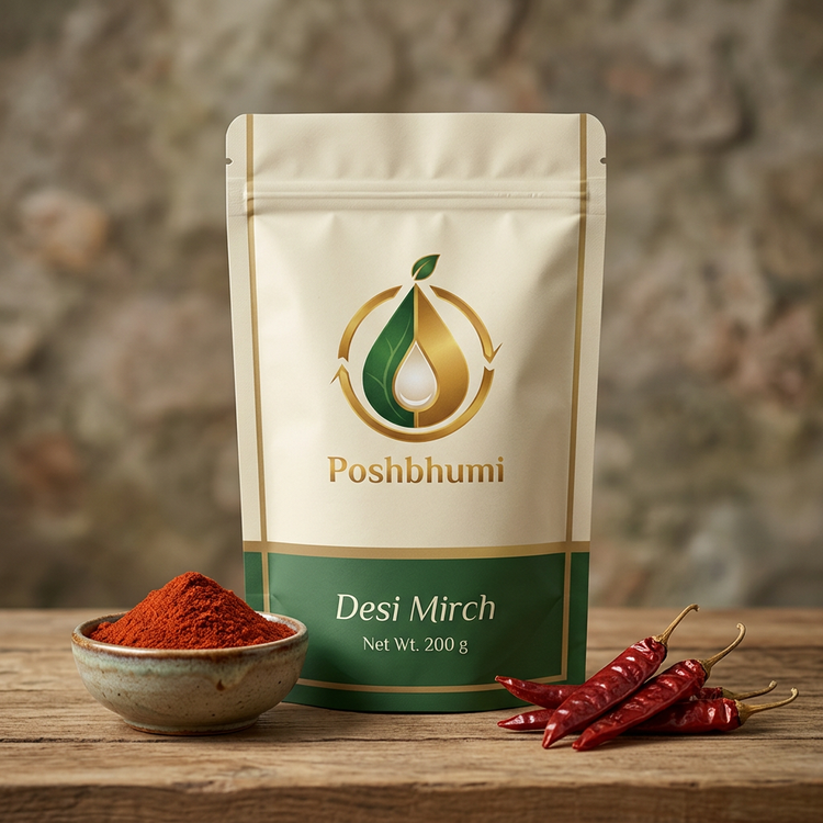 PoshBhumi Desi Mirch 200 g pouch with a bowl of red chilli powder and dried red chillies (illustrative image)