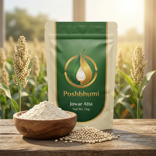 PoshBhumi Jowar Atta 1 kg pouch with a bowl of jowar flour and sorghum grains (illustrative image)
