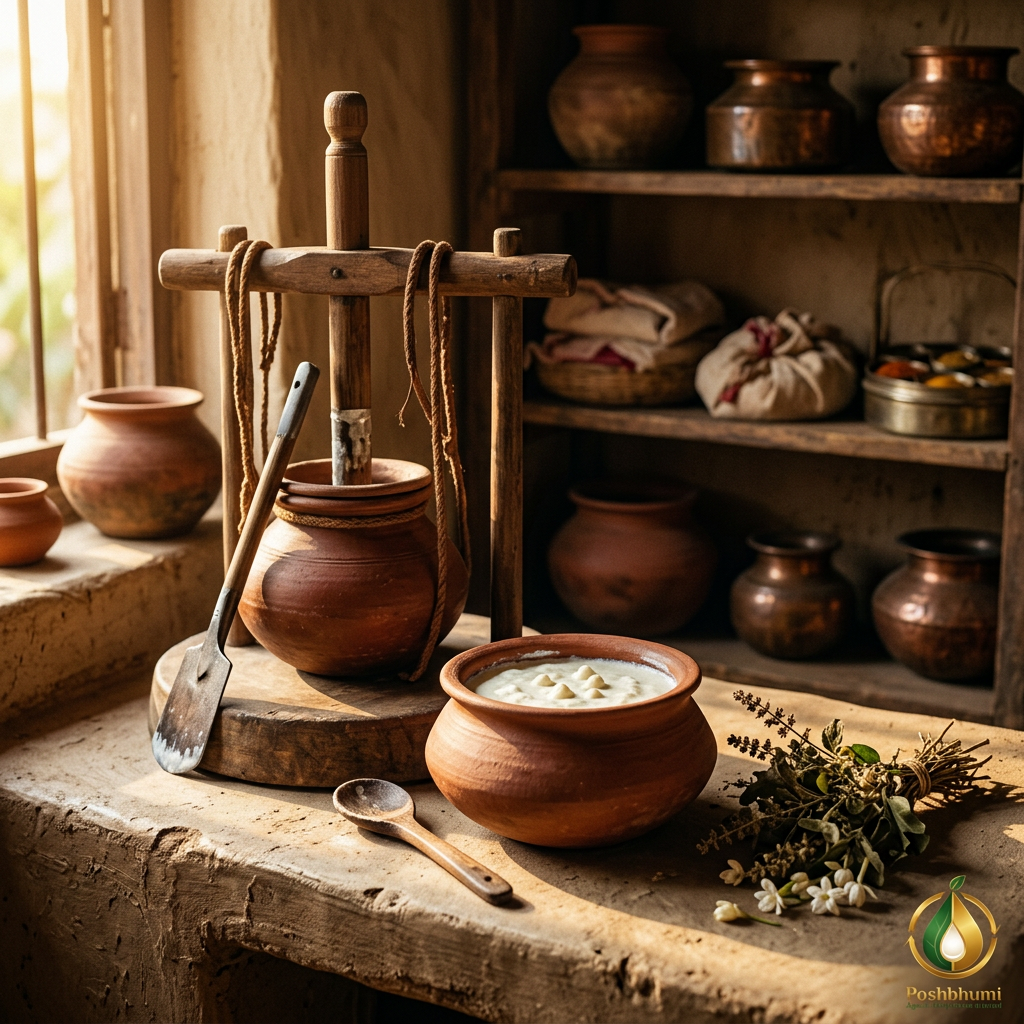 Curd in a clay pot beside a bilona churner (illustrative image)