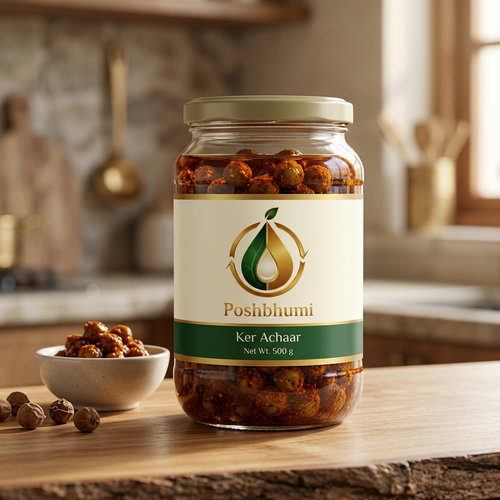 PoshBhumi Ker Achaar 500 g glass jar with a serving bowl and ker berries (illustrative image)